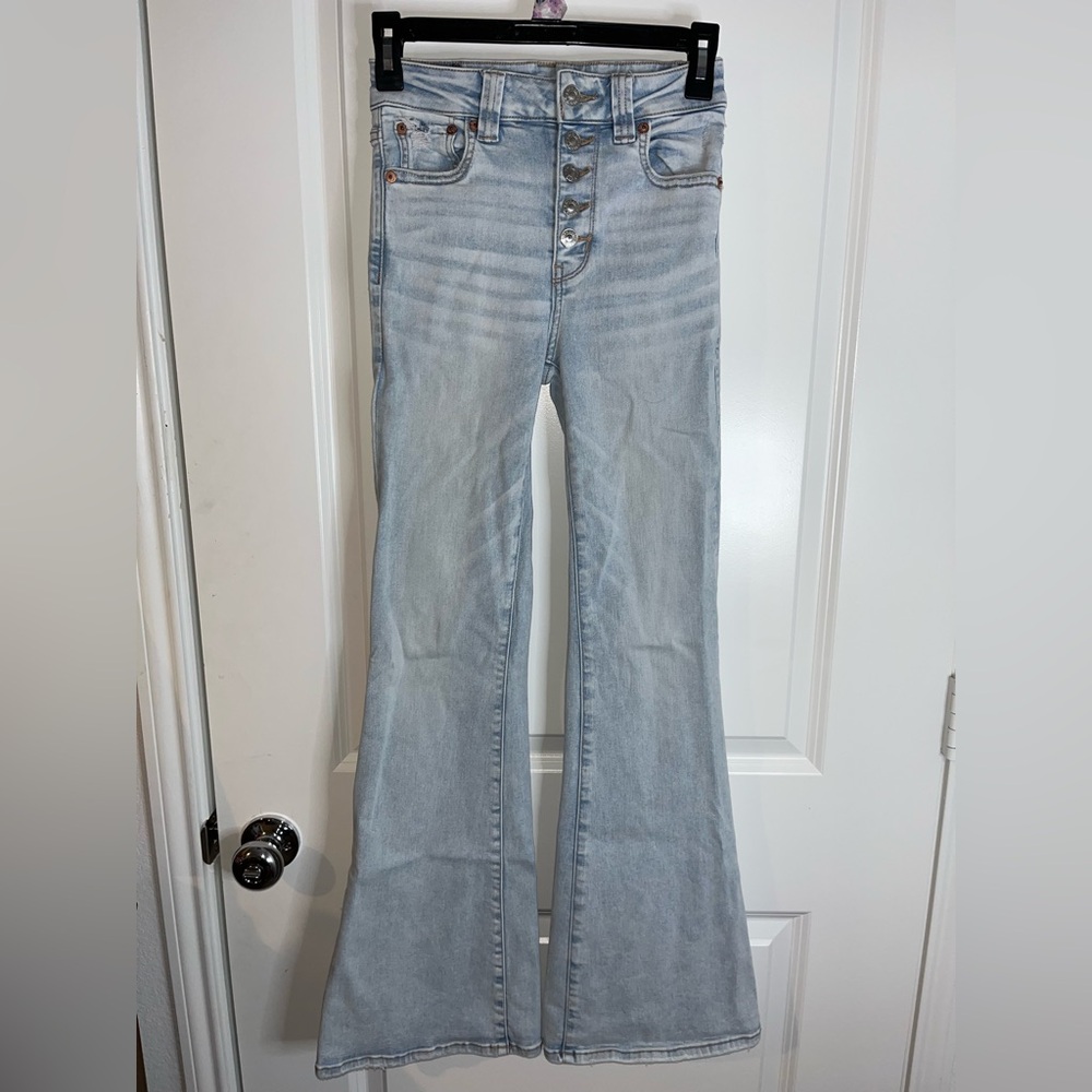 American Eagle 5Button Extreme Flare Bell Bottom AcidWash Distress High Rise Sz0 - Picture 1 of 16